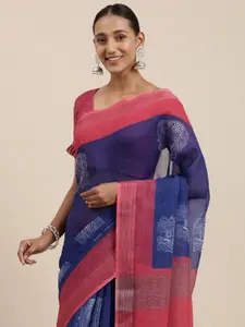 Rudra Fashion Navy Blue & Pink Floral Printed Ikat Saree