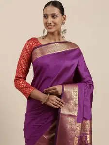Rudra Fashion Aubergine & Gold Floral Woven Design Silk Blend Kanjeevaram Saree