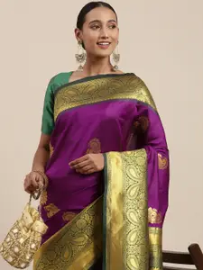 Rudra Fashion Aubergine & Green Paisley Woven Design Silk Blend Kanjeevaram Saree