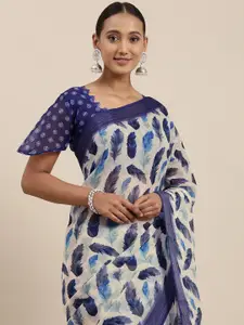 Rudra Fashion Off White & Blue Floral Printed Ikat Saree