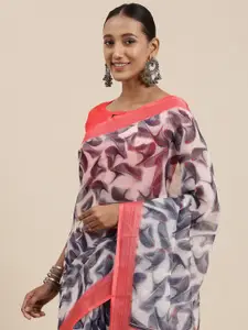 Rudra Fashion Off White & Grey Floral Printed Ikat Saree