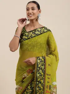 Rudra Fashion Olive Green & Black Floral Printed Ikat Saree