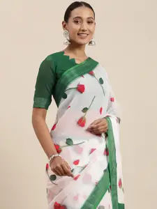 Rudra Fashion Off White & Green Floral Printed Ikat Saree