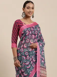 Rudra Fashion Grey & Navy Blue Floral Printed Ikat Saree