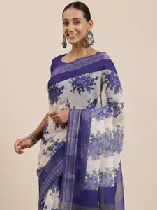 Rudra Fashion Blue & White Floral Printed Ikat Saree