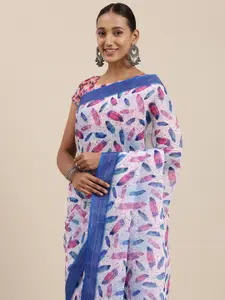 Rudra Fashion White & Blue Floral Linen Blend Ikat Saree