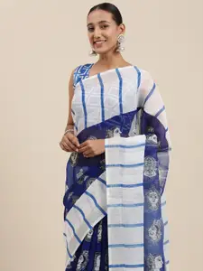 Rudra Fashion White & Blue Ethnic Motifs Printed Ikat Saree