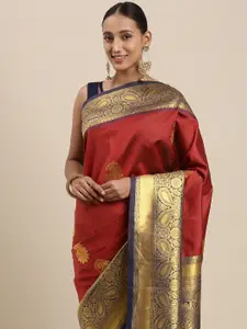 Rudra Fashion Maroon & Navy Blue Paisley Woven Design Silk Blend Kanjeevaram Saree