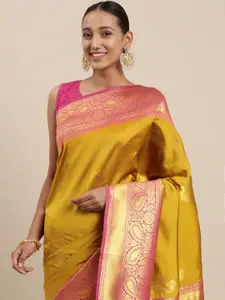 Rudra Fashion Mustard Yellow & Pink Paisley Woven Design Silk Blend Kanjeevaram Saree