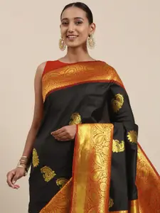 Rudra Fashion Black & Red Paisley Woven Design Silk Blend Kanjeevaram Saree