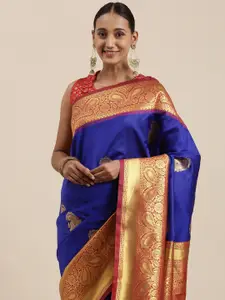 Rudra Fashion Blue & Red Paisley Woven Design Silk Blend Kanjeevaram Saree