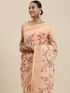 Rudra Fashion Peach-Coloured & Brown Floral Printed Ikat Saree