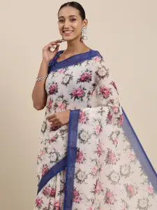 Rudra Fashion Off White & Blue Floral Printed Ikat Saree