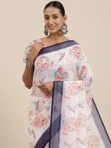 Rudra Fashion Off White & Pink Floral Printed Ikat Saree