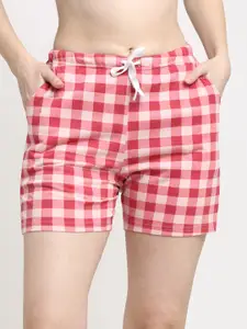 Kanvin Women Red & White Checked Pure Cotton Lounge Shorts