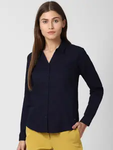 Van Heusen Woman Navy Blue Cotton Linen Casual Shirt