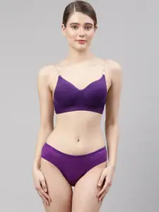 PrettyCat Women Purple Solid Backless Padded Bra Panty Lingerie Set