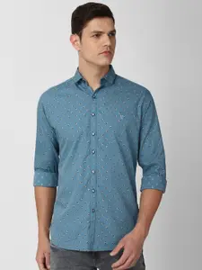 V Dot Men Blue Slim Fit Floral Printed Cotton Casual Shirt