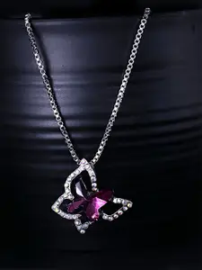 Yellow Chimes Rhodim-Plated Purple Crystal Pendant With Chain