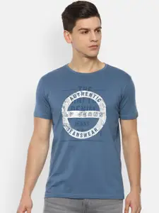 Louis Philippe Jeans Men Blue & White Brand Logo Printed Slim Fit Pure Cotton T-shirt