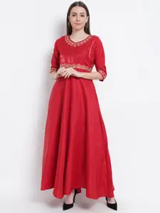 WESTCLO Red & Gold Embroidered Satin Maxi Dress