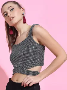 Tokyo Talkies Black & Silver Embellished Cut-Out Knitted Crop Top
