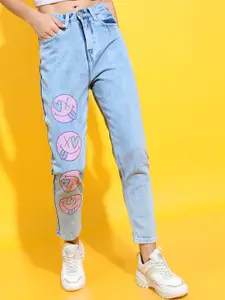 Tokyo Talkies Women Blue Printed Heavy Fade Mom Fit Jeans