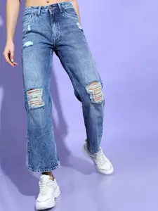Tokyo Talkies Women Blue Straight Fit Highly Distressed Heavy Fade Jeans