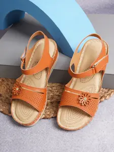 VAYONAA Tan Textured Comfort Sandals with Laser Cuts