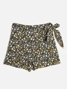 luyk Girls Black & Yellow Floral Printed Mini Skorts