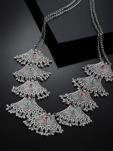 PANASH Silver-Toned & Red German Silver Oxidised Necklace