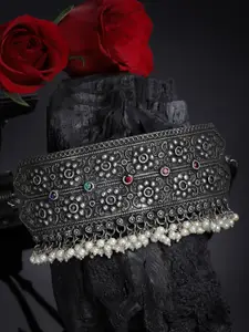 PANASH Silver-Toned & White German Silver Oxidised Choker Necklace