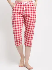 Kanvin Women Red & White Checked Pure Cotton Lounge Pants