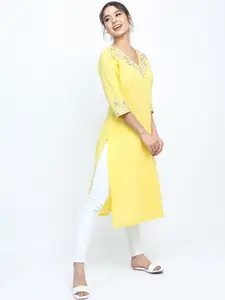 Vishudh Women Yellow Floral Embroidered Kurta