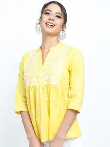 Vishudh Women Yellow & White Floral Print Mandarin Collar Cotton Top