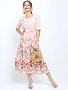 Vishudh Women Pink Ethnic Motifs Ethnic A-Line Midi Dress