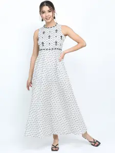 Vishudh White Floral Embroidered A-Line Maxi Dress