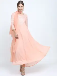 Vishudh Peach-Coloured Ethnic Motifs Ethnic Maxi Dress With Dupatta