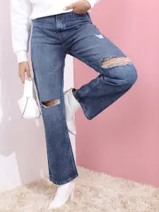 Tokyo Talkies Women Blue Straight Fit Slash Knee Light Fade Jeans