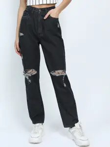 Tokyo Talkies Women Black Straight Fit Slash Knee Jeans