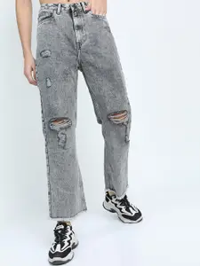 Tokyo Talkies Women Grey Straight Fit Mildly Distressed Heavy Fade Jeans