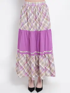 WESTCLO Women Pink & Beige Checked Pure Cotton Tiered Maxi Skirt