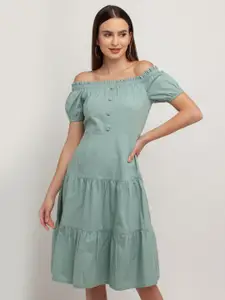 Zink London Mint Green Off-Shoulder Tiered Pure Cotton Fit & Flare Dress