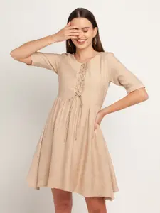 Zink London Beige Fit & Flare Dress With Tie-Up Detail