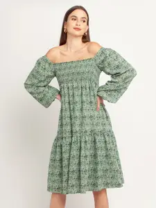 Zink London Women Green Floral Printed Off-Shoulder Dress