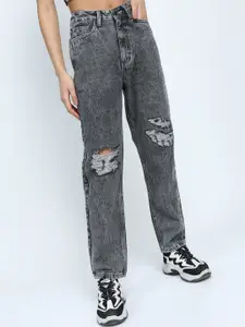 Tokyo Talkies Women Grey Straight Fit Highly Distressed Heavy Fade Cotton Jeans