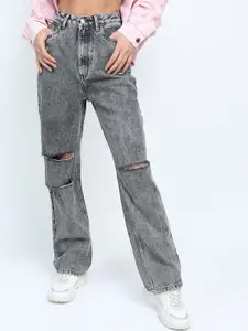 Tokyo Talkies Women Grey Straight Fit Slash Knee Heavy Fade Jeans