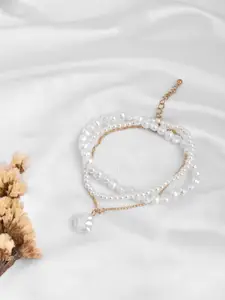 JOKER & WITCH Women Set Of 3 Gold-Toned & White Pearl Beaded Layered Anklet