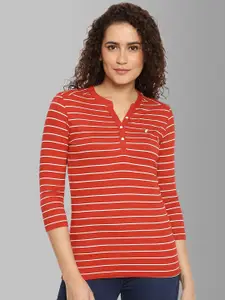 Feather Soft Elite Women Maroon Striped Henley Neck Stretchex T-shirt