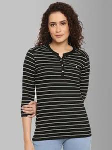 Feather Soft Elite Women Black & White Striped Henley Neck T-shirt